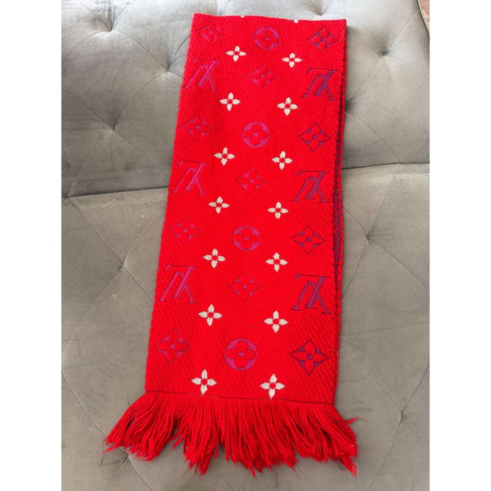 Louis Vuitton Logomania Scarf Red Purple Monogram Knit Wool Fringe M72432‎